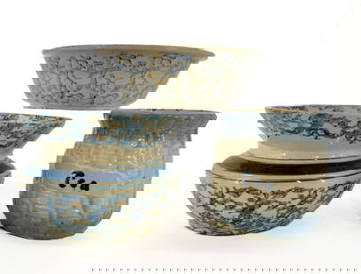 LOT OF BLUE/WHITE SPONGEWARE POTTERY: INCLUDING: BLUE/WHITE EMBOSSED BOWL 11" X 3 1/2", SHALLOW SPONGEWARE BOWL WITH LIP, SPITTOON WITH SPONGE/BANDING, SOAP DISH WITH EMBOSSED FLORAL 4 7/8" D. AND "BASKET WEAVE" TEA CANISTER. PLEASE READ