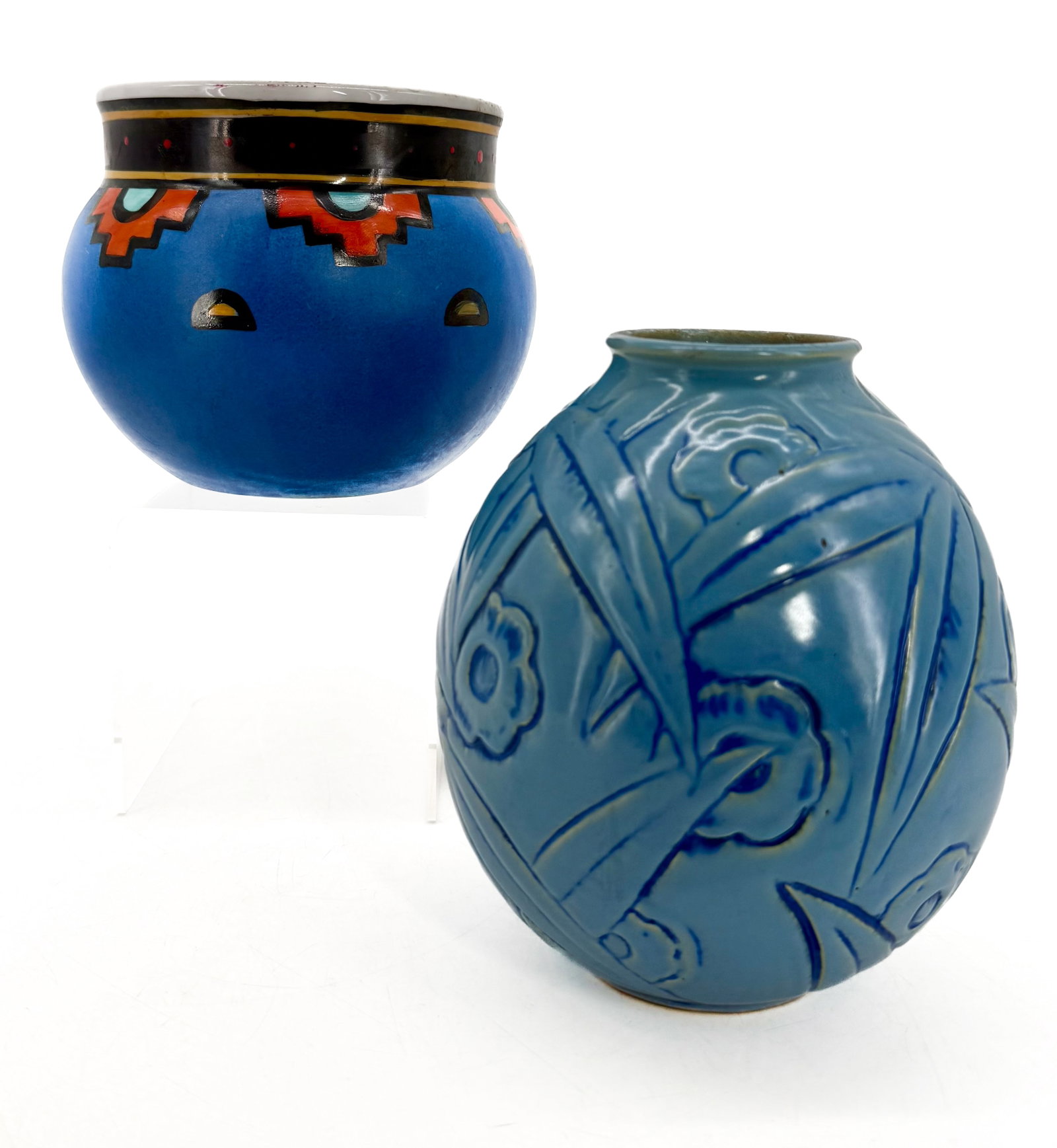 (2) POTTERY VASES: BLUE "WELLER" VASE WITH FLORAL DECORATION 6 1/4" H. AND ART DECO-STYLE POT (MRKD. ON BOTTOM). PLEASE READ CAREFULLY - Terms for Purchasing and Shipping of Auction Items. Please read carefully before b