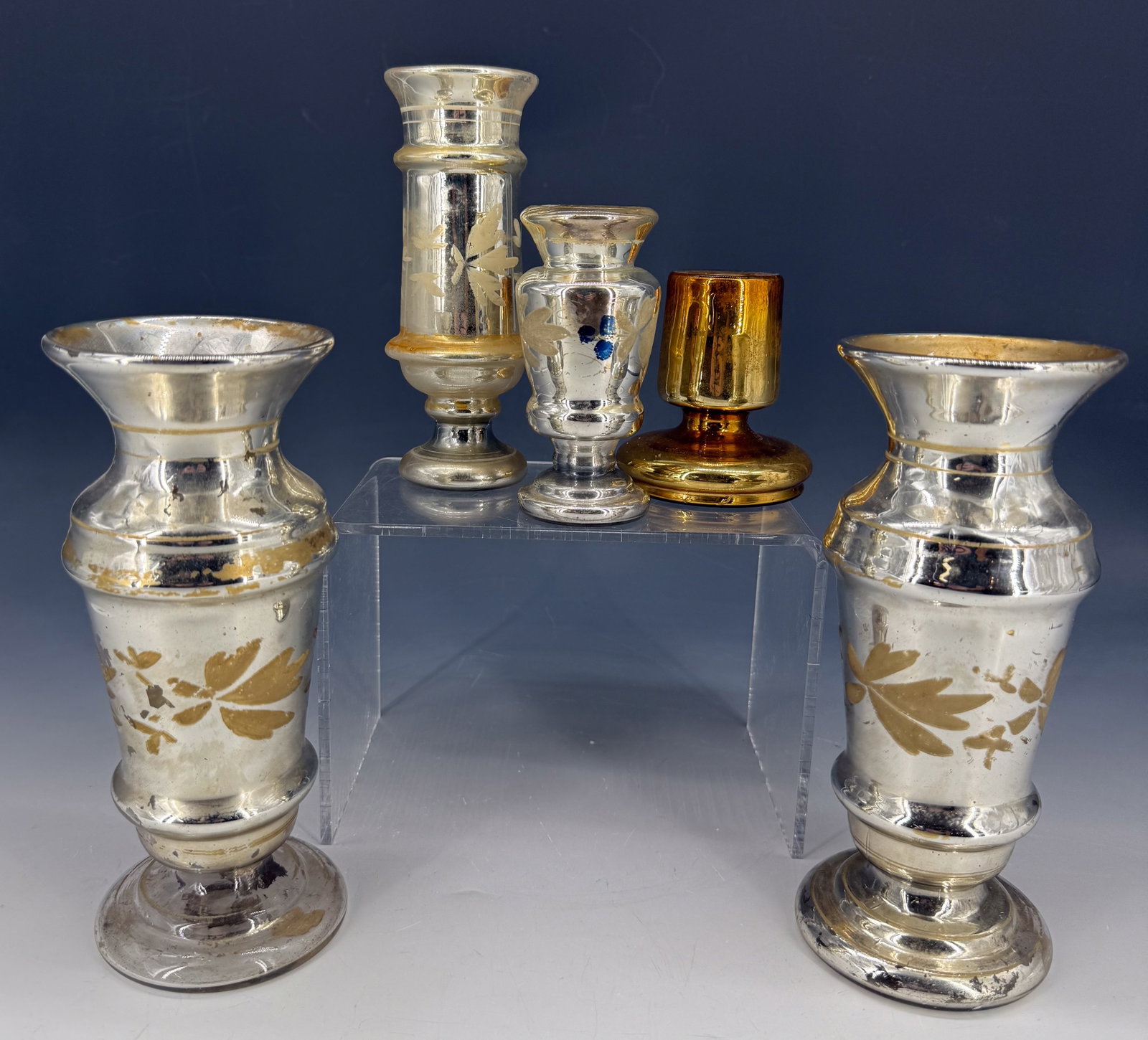LOT OF ANTIQUE MERCURY GLASS: (5) INCLUDING PAIR OF MATCHING VASES 8". GOLD MATCH HOLDER 3 1/2" H. PLEASE READ CAREFULLY - Terms for Purchasing and Shipping of Auction Items. Please read carefully before bidding. Hartzell’s 