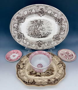 LOT OF TRANSFERWARE PLATES AND PLATTERS: LARGEST PLATE 10 1/2" D. (SPANISH FESTIVITIES PATTERN), GRECIAN FONT 9 1/4" D., WITH SMALLER PLATES, CUPS/SAUCERS. TWO SERVING PLATTERS (LARGEST 16 1/4" X 12 3/4"), SMALLER PLATTER MRKD. MARTIGNY (12