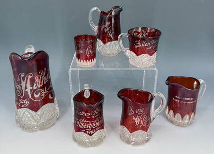 LOT OF ETCHED RUBY GLASS PITCHERS AND MORE: LARGEST "MOTHER, ATLANTIC CITY, 1913" 7" H., TRENTON FAIR 1908, SOUVENIR OF LAKE POPONOMING, "VICTORIA ALBRIGHT, MERRY CHRISTMAS 1902", "TO MY WIFE", "ALLENTOWN FAIR, 1919" MUG AND "ATLANTIC CITY 1896