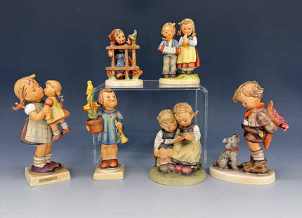 LOT OF (6) HUMMEL FIGURINES: MRKD. ON BOTTOM "W. GOEBEL, W. GERMANY". TALLEST MRKD. "KISS ME" 6" H. BOY WITH DOG MRKD. "NOT FOR YOU". PLEASE READ CAREFULLY - Terms for Purchasing and Shipping of Auction Items. Please read careful