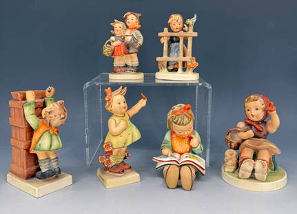 LOT OF (6) HUMMEL FIGURINES: MRKD. ON BOTTOM "W. GERMANY". TALLEST IS 5" H. MRKD. "THE MAIL IS HERE" BANK. BOY AND GIRL MRKD. "SURPRISE". GIRL WITH FLOWER IN AIR "SPRING CHEER". PLEASE READ CAREFULLY - Terms for Purchasing and Sh