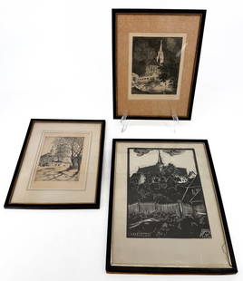 LOT OF VINTAGE FRAMED PRINTS: THREE BLACK/WHITE PRINTS FRAMED UNDER GLASS. LARGEST 14 1/4" X 11". SGND. PF 1948. SMALLER ARE BOTH SGND/TITLED IN PENCIL. PLEASE READ CAREFULLY - Terms for Purchasing and Shipping of Auction Items. P