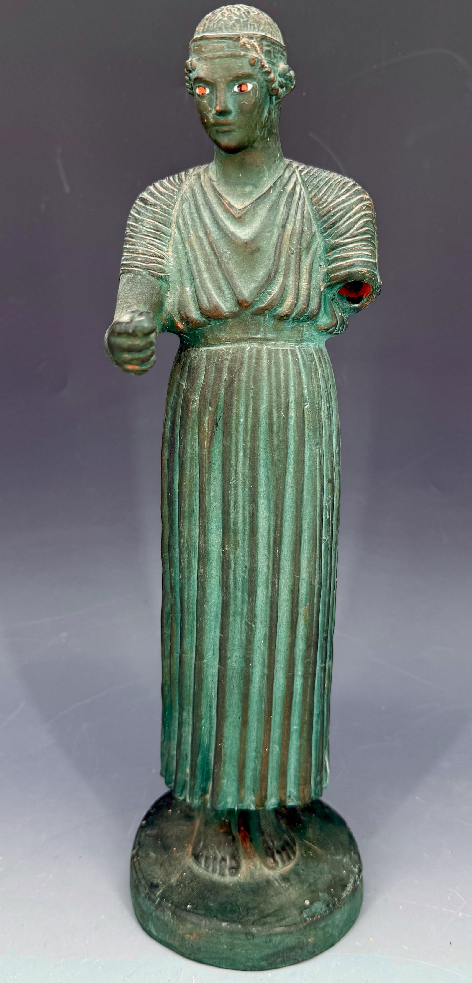 PAINTED TERRACOTTA STATUE: REPLICA OF CHARIOTEER OF DELPHI. 14" H. PLEASE READ CAREFULLY - Terms for Purchasing and Shipping of Auction Items. Please read carefully before bidding. Hartzell’s Auction Gallery. Hartzell's A