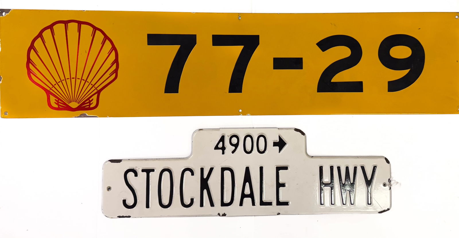 PORCELAIN SHELL OIL AND STOCKDALE STREET SIGN (1 of 2)