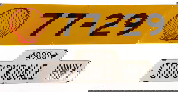 PORCELAIN SHELL OIL AND STOCKDALE STREET SIGN: PORCELAIN DOUBLE-SIDED SHELL SIGN 11" X 48" AND STOCKDALE HWY 30" L. PLEASE READ CAREFULLY - Terms for Purchasing and Shipping of Auction Items. Please read carefully before bidding. Hartzell&#8217;s