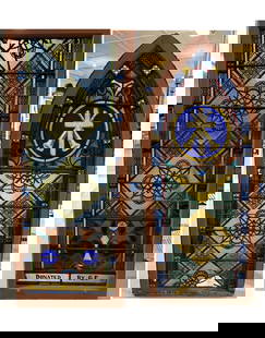 (2) STAINED GLASS LEADED CHURCH WINDOW: MULTI-COLOR DECORATED GLASS. ONE MRKD. "DONATED BY G.F." 66 1/2" X 28". ARCHED WINDOW IS 65 1/2" X 28". PLEASE READ CAREFULLY - Terms for Purchasing and Shipping of Auction Items. Please read carefull