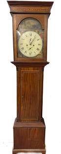 19TH C. TALL CASE CLOCK, ALEXANDER KIRKWOOD: INLAID MAHOGANY CASE. PAINTED METAL FACE MRKD. A. KIRKWOOD, PAISLEY. BRASS WORKS. DOOR KEY, PENDULUM AND WEIGHTS. 82 1/2" X 20" X 9 1/2". PLEASE READ CAREFULLY - Terms for Purchasing and Shipping of A