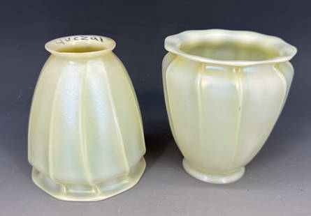 (2) QUEZAL ART GLASS LIGHT SHADES: MATCHING PAIR, FLAT SIDES, SGND. AT EDGE. 4 1/2" H. X 3 7/8". TOP OPENING 2 1/8". PLEASE READ CAREFULLY - Terms for Purchasing and Shipping of Auction Items. Please read carefully before bidding. Hart