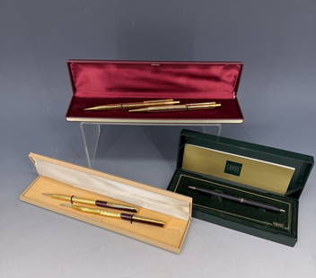 LOT OF BOXED PENS: INCLUDING: CROSS PEN IN GREEN BOX, GOLD PEN/PENCIL SET IN BURGUNDY BOX (9 3/4" L.) AND GOLD /BROWN SET MRKD. GERMANY. PLEASE READ CAREFULLY - Terms for Purchasing and Shipping of Auction Items. Please