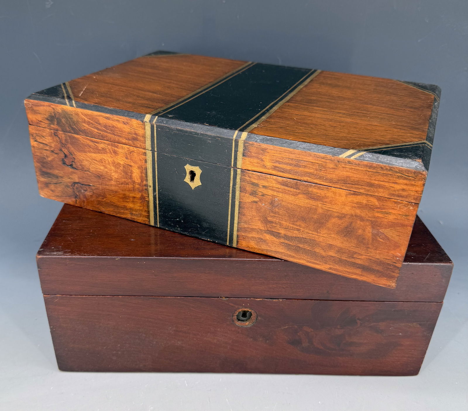 ANTIQUE LAP DESK AND DRESSER BOX: LAP DESK WITH VELVET SURFACE AND DIVIDED INTERIOR 11 3/4" L. SMALLER BOX HAS DECORATED EXTERIOR AND INTERIOR MIRROR ATTACHED TO LID. PLEASE READ CAREFULLY - Terms for Purchasing and Shipping of Auctio