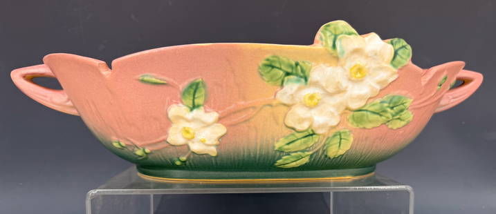 ROSEVILLE POTTERY "WHITE ROSE" CONSOLE BOWL: CA. 1940. 18 1/8" L. PLEASE READ CAREFULLY - Terms for Purchasing and Shipping of Auction Items. Please read carefully before bidding. Hartzell&#8217;s Auction Gallery. Hartzell's Auction Gallery will