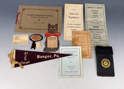 LOT OF BANGOR, PA MEMORABILIA: INCLUDING: WALLET, PAMPHLETS, PENNANT, 100TH ANNIVERSARY PLATE 10 1/4" D. AND MORE. PLEASE READ CAREFULLY - Terms for Purchasing and Shipping of Auction Items. Please read carefully before bidding. Ha