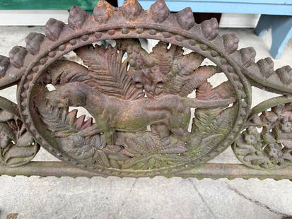 CAST IRON GARDEN BENCH: DOG, BIRD AND FLORAL MOTIF WITH BIRD END CAPS ON ARMS. 31" X 50" X 20". PLEASE READ CAREFULLY - Terms for Purchasing and Shipping of Auction Items. Please read carefully before bidding. Hartzell&#8217