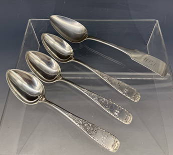 LOT OF VIRGINIA AND MARYLAND COIN SILVER: INCLUDING: CHARLES DAVISON (NORFOLK, VA AND NORWICH CT) SPOON 8 1/2" L. 1.60 OZT. COIN SILVER. (3) ANDREW ELLICOTT WARNER