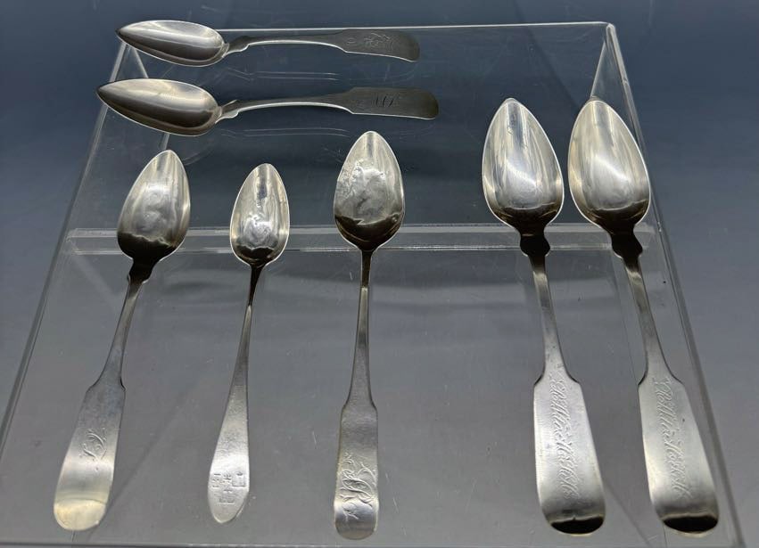 LOT OF NEW YORK COIN SILVER TEASPOONS: INCLUDING: (2) BROWN & MARSTERS (NY DATED 1855) TOTAL 1.35 OZT. COIN SILVER 6 1/4" L. WHITNEY & HOYT (NEW YORK CA. 1830) .45 OZT. JOHN S. & WILLIAM MOTT (NY CA. 1820) .40 OZT. JOHN & PETER TARGEE (NY