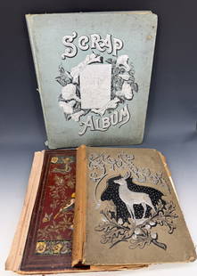 (3) VICTORIAN SCRAPBOOK ALBUMS: TRADE CARDS, EMBOSSED CARDS, SCRAPS, CALLING CARDS, NEWSPAPER CLIPPINGS AND MORE. LARGEST 17" X 14". PLEASE READ CAREFULLY - Terms for Purchasing and Shipping of Auction Items. Please read carefully b
