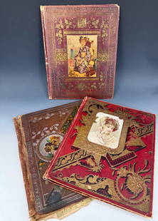 (3) VICTORIAN SCRAPBOOK ALBUMS: TRADE CARDS, EMBOSSED CARDS, SCRAPS, CALLING CARDS AND MORE. LARGEST 14" X 11". PLEASE READ CAREFULLY - Terms for Purchasing and Shipping of Auction Items. Please read carefully before bidding. Hartze