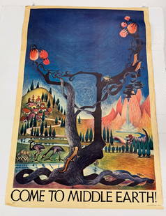J.R.R. TOLKIEN "COME TO MIDDLE EARTH" POSTER: VINTAGE POSTER MRKD. BALLANTINE BOOKS, $1.49 AND U8250 AT BOTTOM. 38" X 25 3/8". PLEASE READ CAREFULLY - Terms for Purchasing and Shipping of Auction Items. Please read carefully before bidding. Hartz