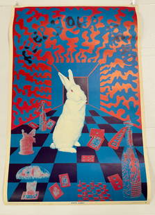 VINTAGE "WHITE RABBIT" POSTER, EAST TOTEM WEST: LATE 1960S BY EAST TOTEM WEST (159 THROCKMORTON AVE, MILL VALLEY, CALIFORNIA 94941) PRINTED BY ORBIT GRAPHIC ARTS. 35" X 23". PLEASE READ CAREFULLY - Terms for Purchasing and Shipping of Auction Items