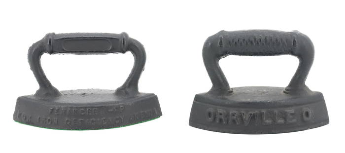 (2) SMALL SIZE ADVERTISING IRONS: DEPO DAYS DOUBLE -POINTED FLAT IRON MRKD. ORRVILLE O. AND, STUART FERANCEE-HP "FOR IRON DEFICIENCY ANEMIA" 3 1/2" L. AND 4" L. PLEASE READ CAREFULLY - Terms for Purchasing and Shipping of