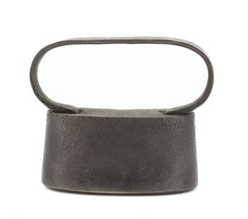 UNUSUAL HAT IRON: TALL HAT IRON WITH CURVED DESIGN. HANDWROUGHT. 5" L. PLEASE READ CAREFULLY - Terms for Purchasing and Shipping of Auction Items. Please read carefully before bidding. THIS IS AN ONSITE AUCTION