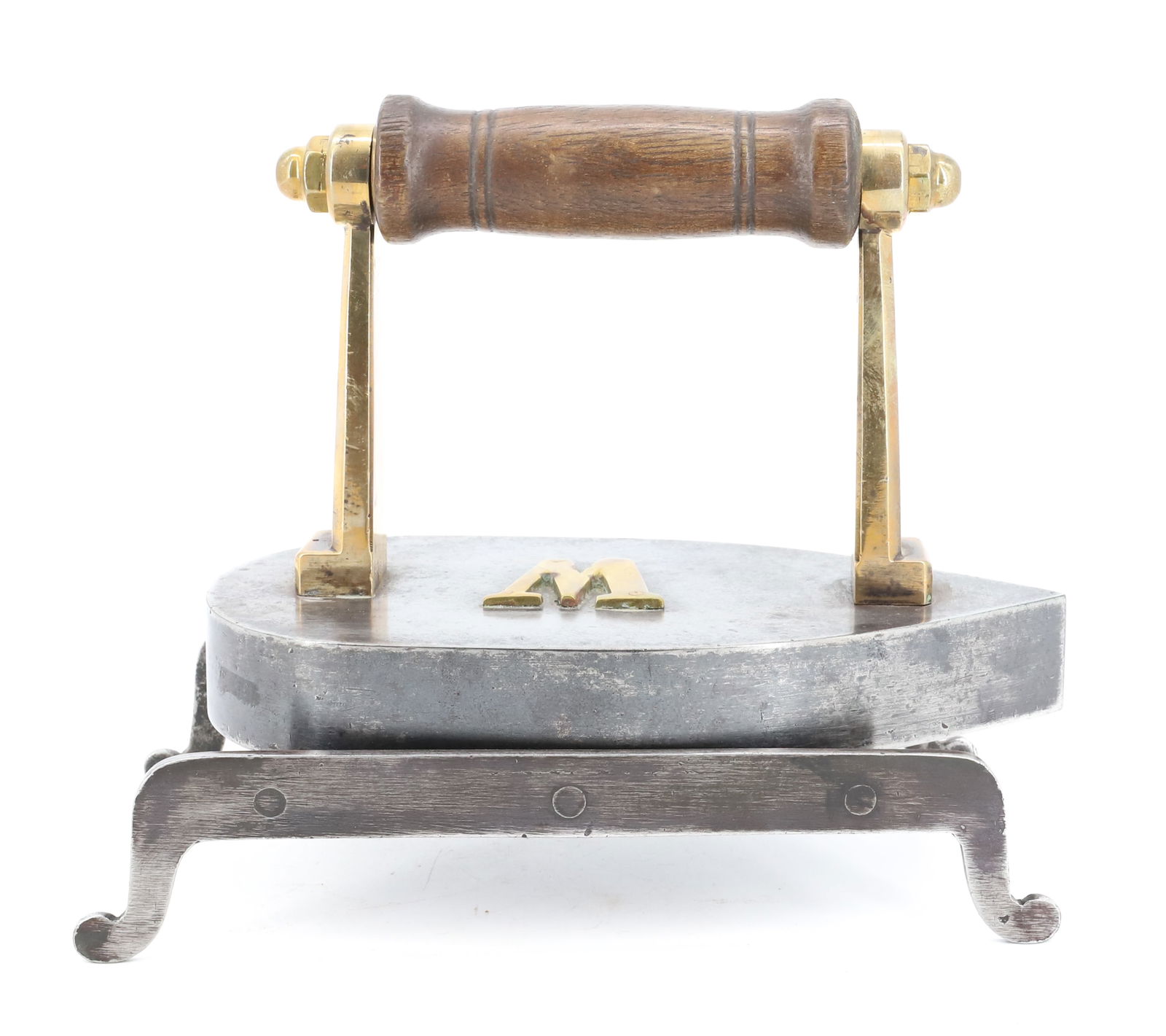 BELGIAN FLAT IRON: ROUND BACK WITH BRASS POSTS. MATCHING TRIVET. EMBOSSED BRASS "W" ON TOP. 7 1/2" L. PLEASE READ CAREFULLY - Terms for Purchasing and Shipping of Auction Items. Please read carefully before bidding. THI