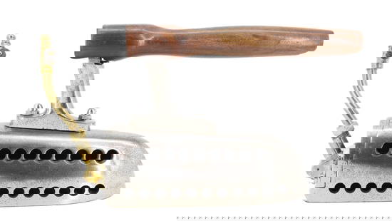 GERMAN GAS IRON: MARX PATENT. OX-TONGUE SHAPE. BRASS PIPING. GOOSE HANDLE. 11" L. PLEASE READ CAREFULLY - Terms for Purchasing and Shipping of Auction Items. Please read carefully before bidding. THIS IS AN ONSITE AUC
