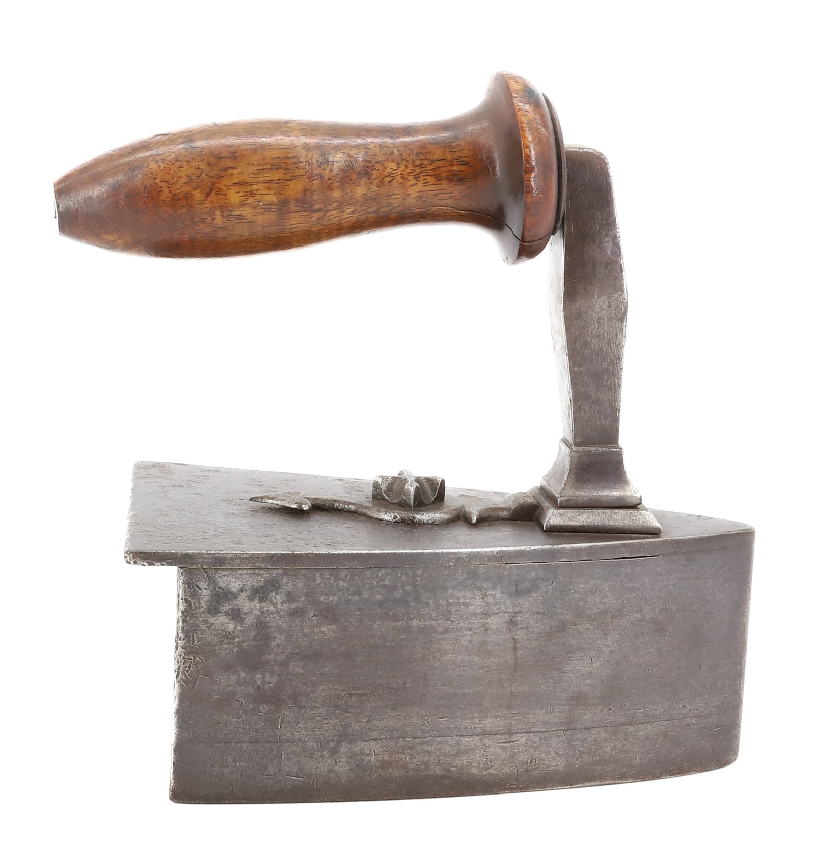 DROP-IN-BACK SLUG IRON: BELGIAN IRON WITH NICE FRONT HAND FORGED POSTS. 7" L. PLEASE READ CAREFULLY - Terms for Purchasing and Shipping of Auction Items. Please read carefully before bidding. THIS IS AN ONSITE AUCTION LOCATE