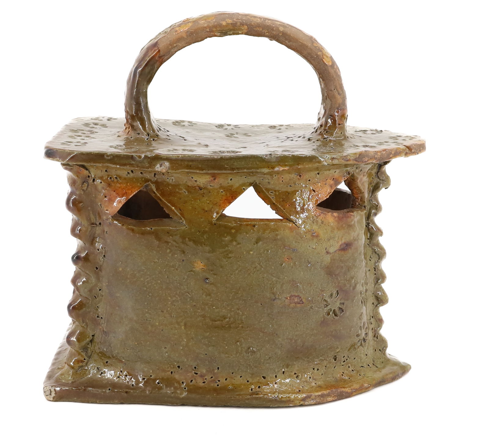 FRENCH POTTERY IRON: CA. 1800 FILLED WITH HOT CLAY OR SOIL FOR USE. IMPRESSED ROSETTE DESIGN. DRAB GREEN GLAZE. 8" X 5" X 9". PLEASE READ CAREFULLY - Terms for Purchasing and Shipping of Auction Items. Please read careful