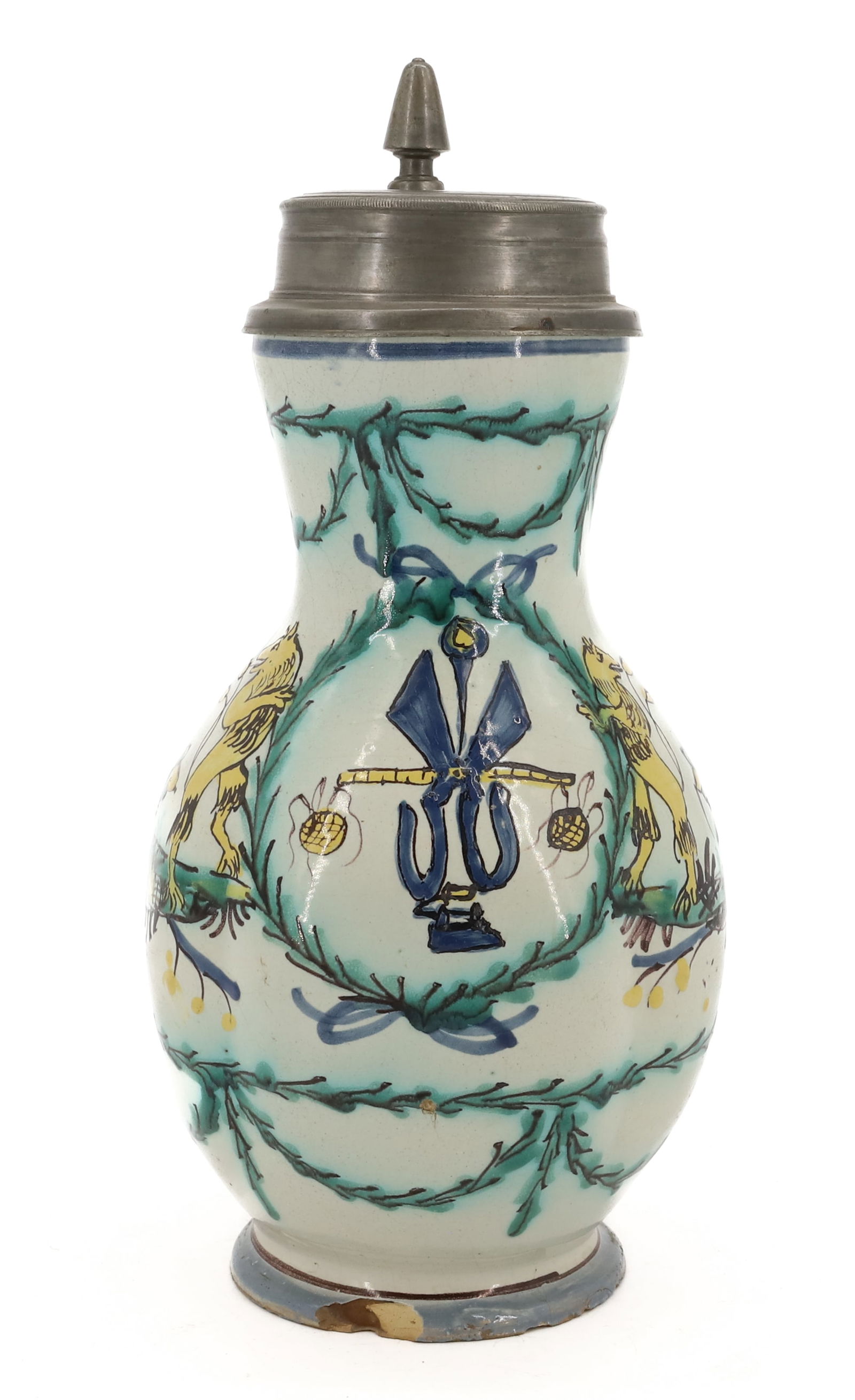 REDWARE GERMAN STEIN: DECORATED WITH TAILOR'S COAT OF ARMS. INITIALED PEWTER TOP "KH, 23". 11 3/4" H. PLEASE READ CAREFULLY - Terms for Purchasing and Shipping of Auction Items. Please read carefully before bidding. THIS I