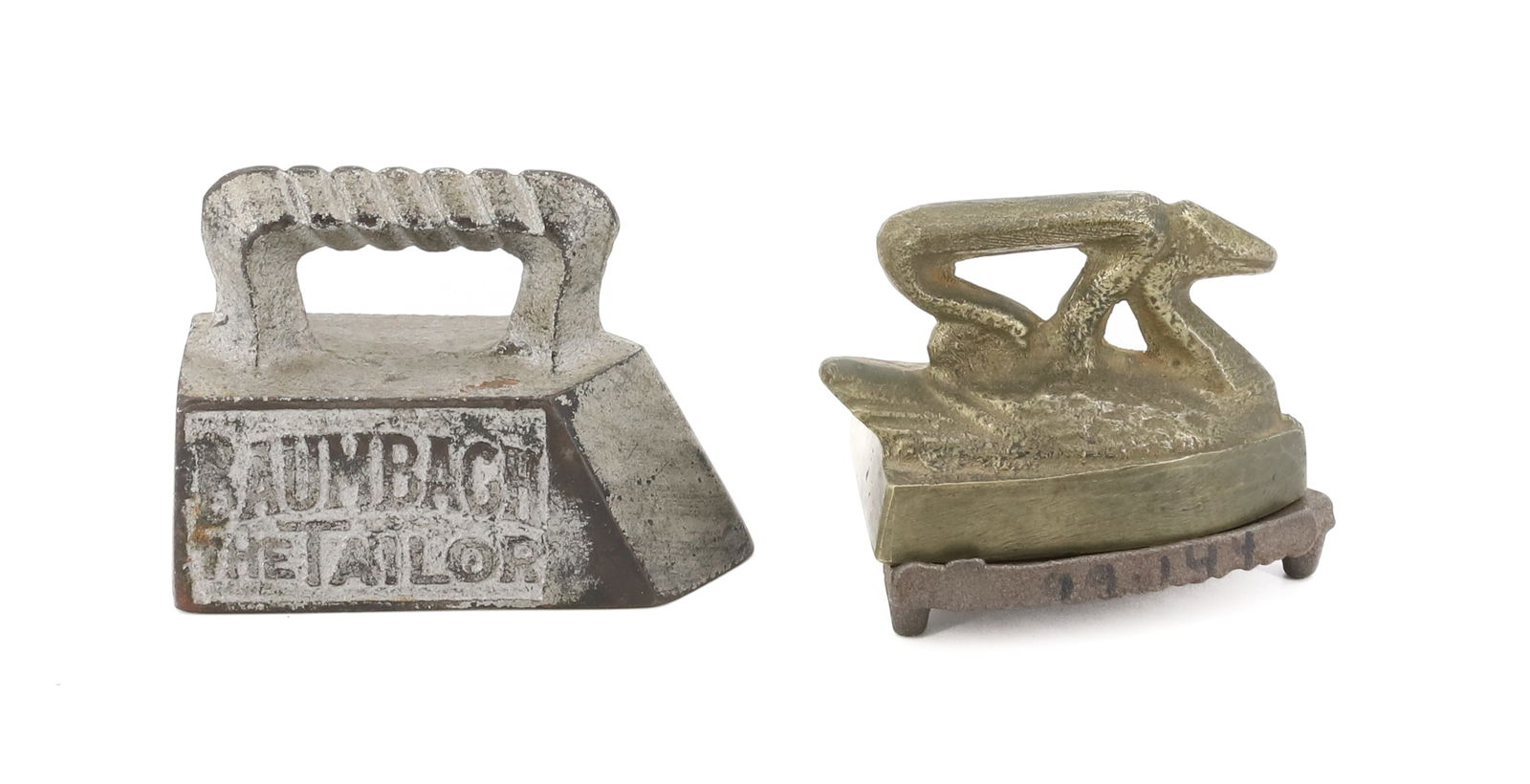 (2) SMALL IRONS: INCLUDING BRASS SWAN WITH THICK BASE ON TRIVET AND BAUMBACH THE TAILOR ADVERTISING IRON - 3" L PLEASE READ CAREFULLY - Terms for Purchasing and Shipping of Auction Items. Please read carefully before