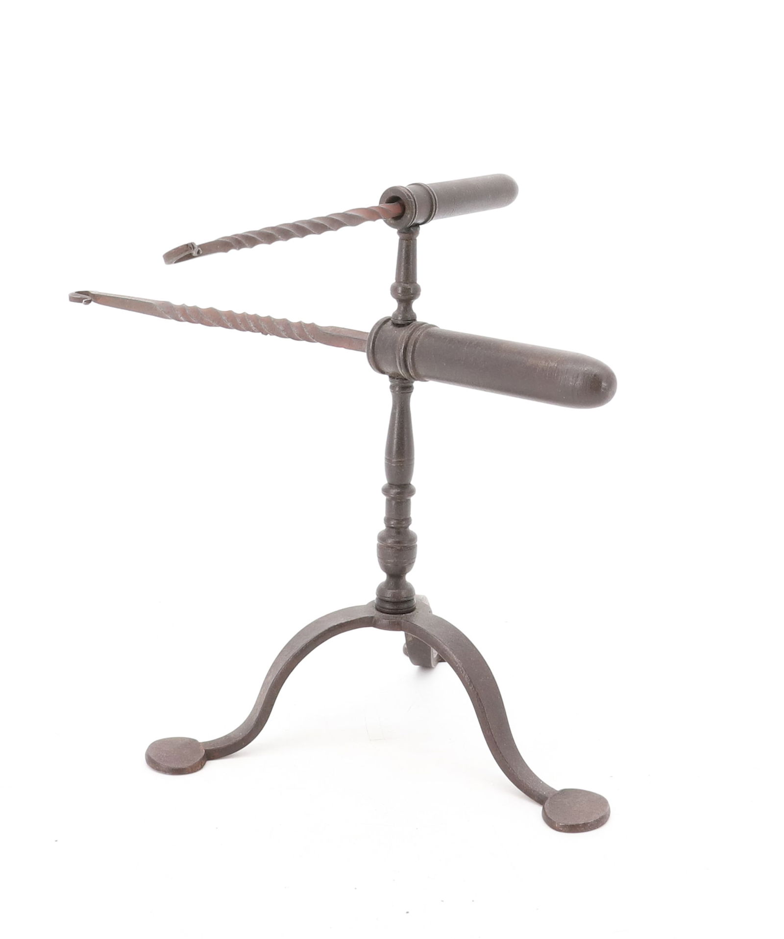 MINIATURE DOUBLE BARREL GOFFERING IRONS: DOUBLE BARREL WITH HEATING RODS. TRIPOD BASE WITH PENNY FEET, TURNED COLUMN. 3" AND 2 1/4" BARRELS. 6 3/4" H. PLEASE READ CAREFULLY - Terms for Purchasing and Shipping of Auction Items. Please read ca