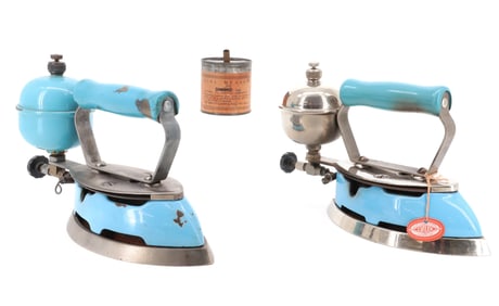 (2) BLUE ENAMEL COLEMAN IRONS