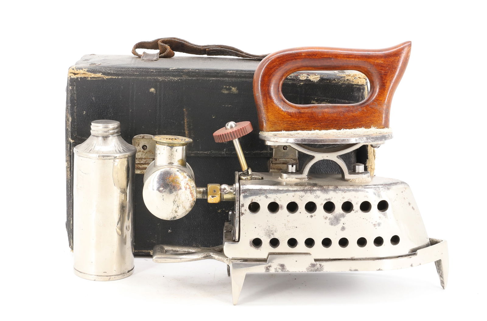 GERMAN ALCOHOL TRAVEL IRON: ALCOHOL TRAVEL IRON WITH TRIVET AND CYLINDER - 8" TOTAL LENGTH PLEASE READ CAREFULLY - Terms for Purchasing and Shipping of Auction Items. Please read carefully before bidding. THIS IS AN ONSITE AUCTI