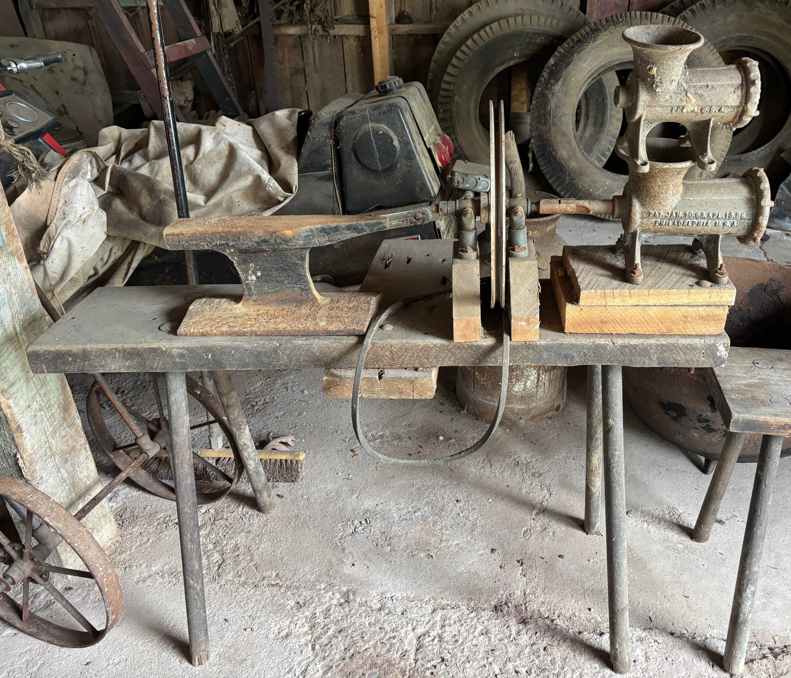 MEAT GRINDER LOT: WITH ANVIL MOUNTED ON WOODEN BENCH THIS IS AN ON-SITE ONLINE ONLY AUCTION. THIS SALE WILL BE PICK UP ONLY. THERE WILL BE ONE DAY FOR PICK-UP. ITEMS MUST BE PAID FOR BEFORE PICKING UP. IF YOU BUY LARGE