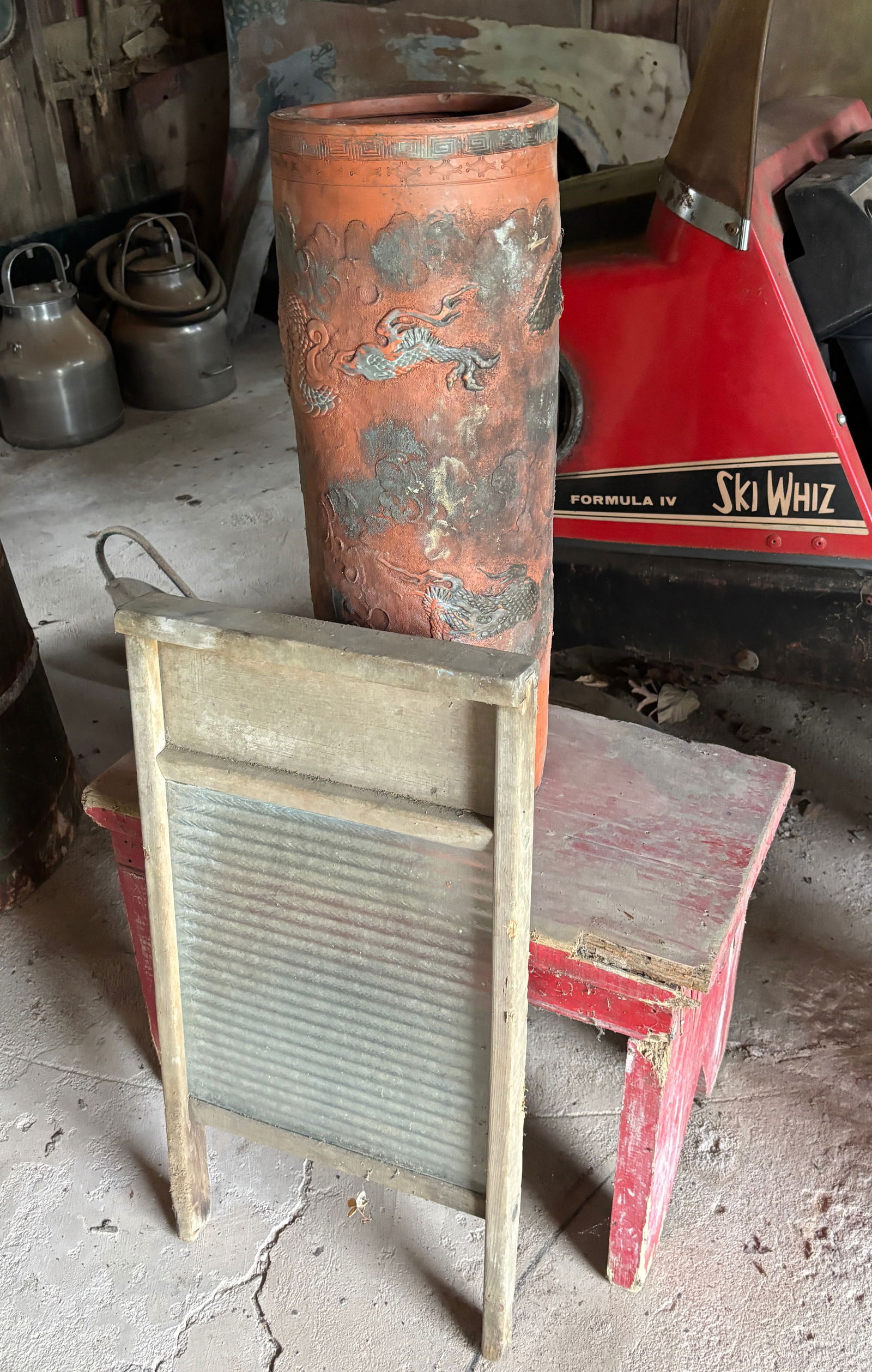 RED BENCH, SCRUB BOARD, TERRA COTTA PIECE (1 of 4)