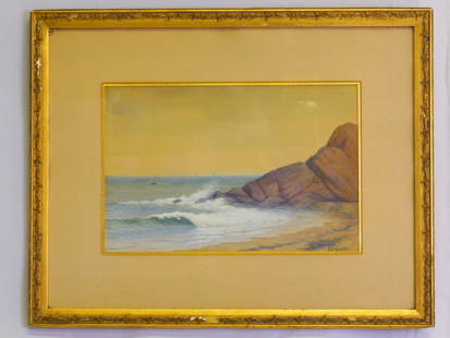 Richard Buckner Gruelle Watercolor: Crashing Wave Scene watercolor in original frame under glass Dimensions: 10"x14"