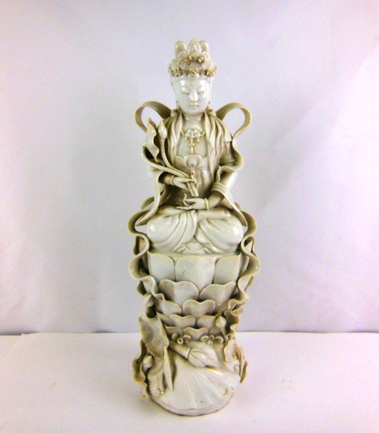 Chinese Blanc de Chine: Guan Yin on high Lotus throne - Dehua ware 18th/19th Century Dimensions: 15"
