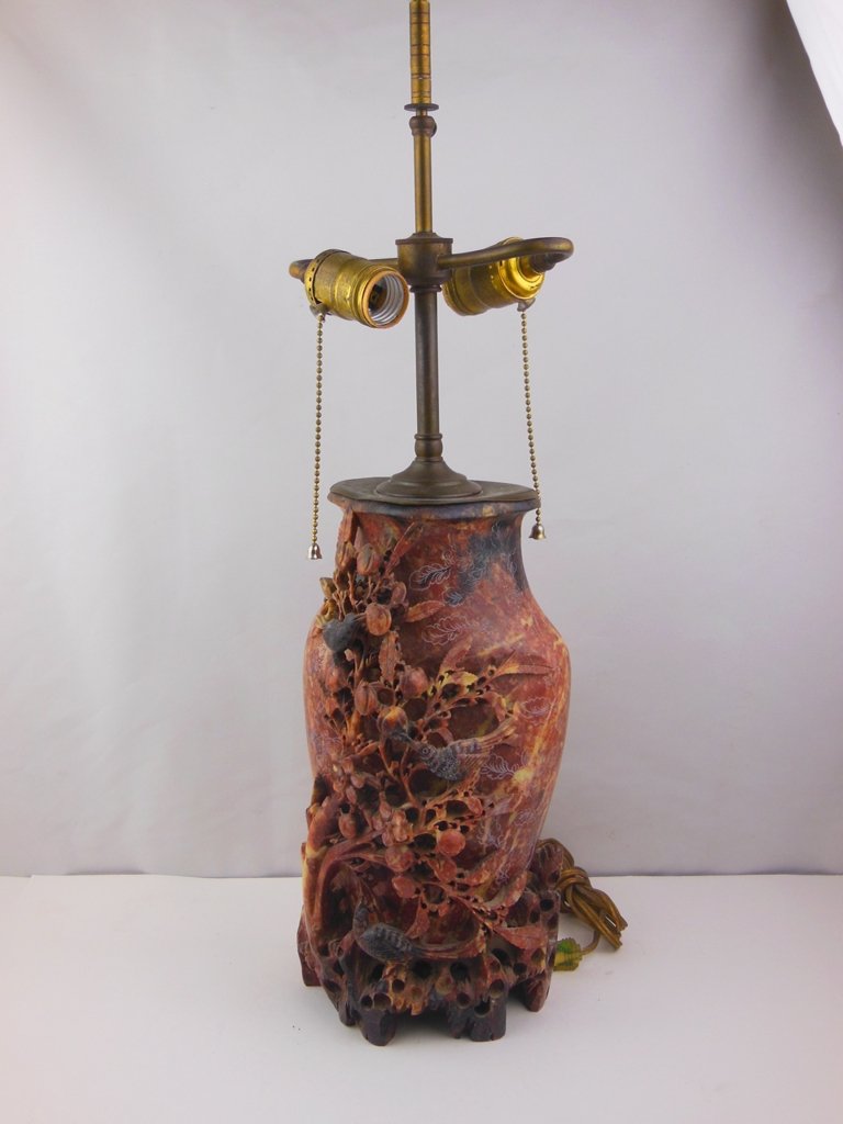Chinese carved Soapstone Lamp: Old brass light fixture Dimensions: 12"x7"