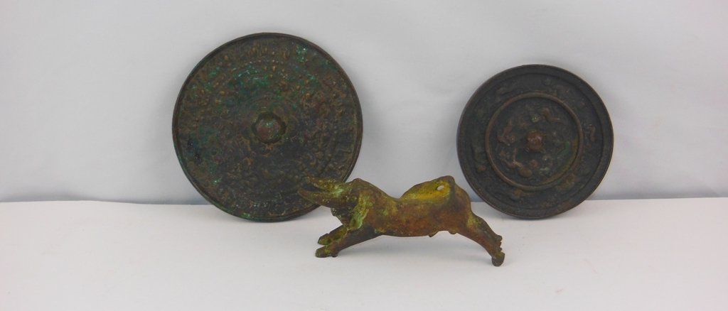 (2) Chinese Bronze Mirrors and Goat Figure: Dimensions: 5" & 4"