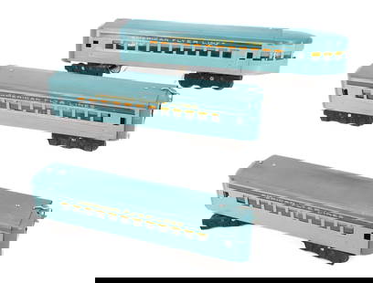 (3) AMERICAN FLYER PASSENGER TRAIN CARS: PAINTED PRESSED METAL "AMERICAN FLYER LINES". TWO-TONE BLUE. LARGEST 13 3/4" L. PLEASE READ CAREFULLY - Terms for Purchasing and Shipping of Auction Items. Please read carefully before bidding. Hartze