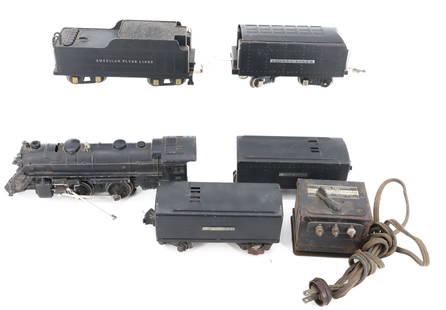 LIONEL TRAIN ENGINE, TENDERS AND CONTROLLER: #229 ENGINE 10 1/4" L. (PARTS OR RESTORATION), (4) PAINTED METAL TENDERS AND TYPE 1037 CONTROLLER. PLEASE READ CAREFULLY - Terms for Purchasing and Shipping of Auction Items. Please read carefully bef