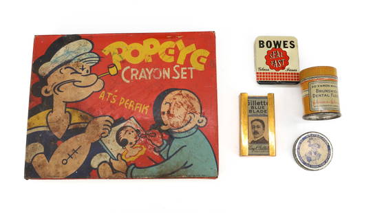 LOT OF ADVERTISING TINS: INCLUDING: POPEYE CRAYON SET 5 3/4" L., BRUNSWICK DENTAL FLOSS, BOWES GLASS FUSES, GILLETTE BLUE BLADES IN HOLDER AND MENTHOLATUM ROUND, FLAT TIN. PLEASE READ CAREFULLY - Terms for Purchasing and Ship