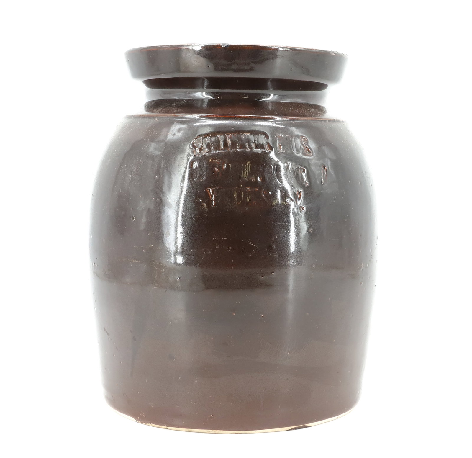 YONKERS, NY STONEWARE CROCK: BROWN GLAZE STORAGE CROCK WITH LID. IMPRESSED WITH NAME/ADDRESS ON FRONT. 9" H. PLEASE READ CAREFULLY - Terms for Purchasing and Shipping of Auction Items. Please read carefully before bidding. Hartze