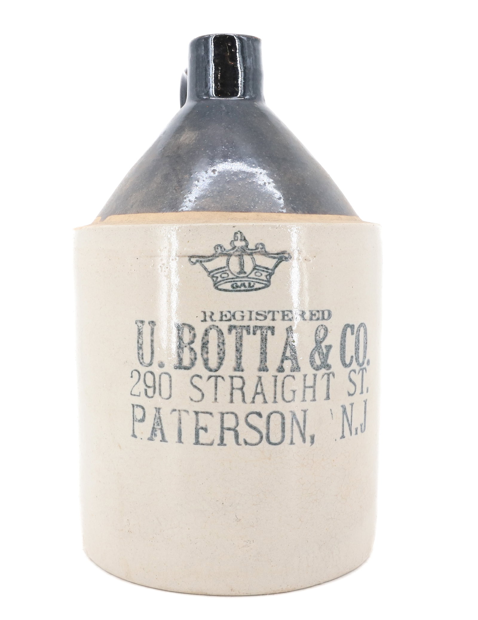 U. BOTTA & CO. STONEWARE ADVERTISING JUG: 290 STRAIGHT ST., PATERSON, N.J. MRKD. "1 GAL". 11 1/2" H. PLEASE READ CAREFULLY - Terms for Purchasing and Shipping of Auction Items. Please read carefully before bidding. Hartzell’s Auction Ga
