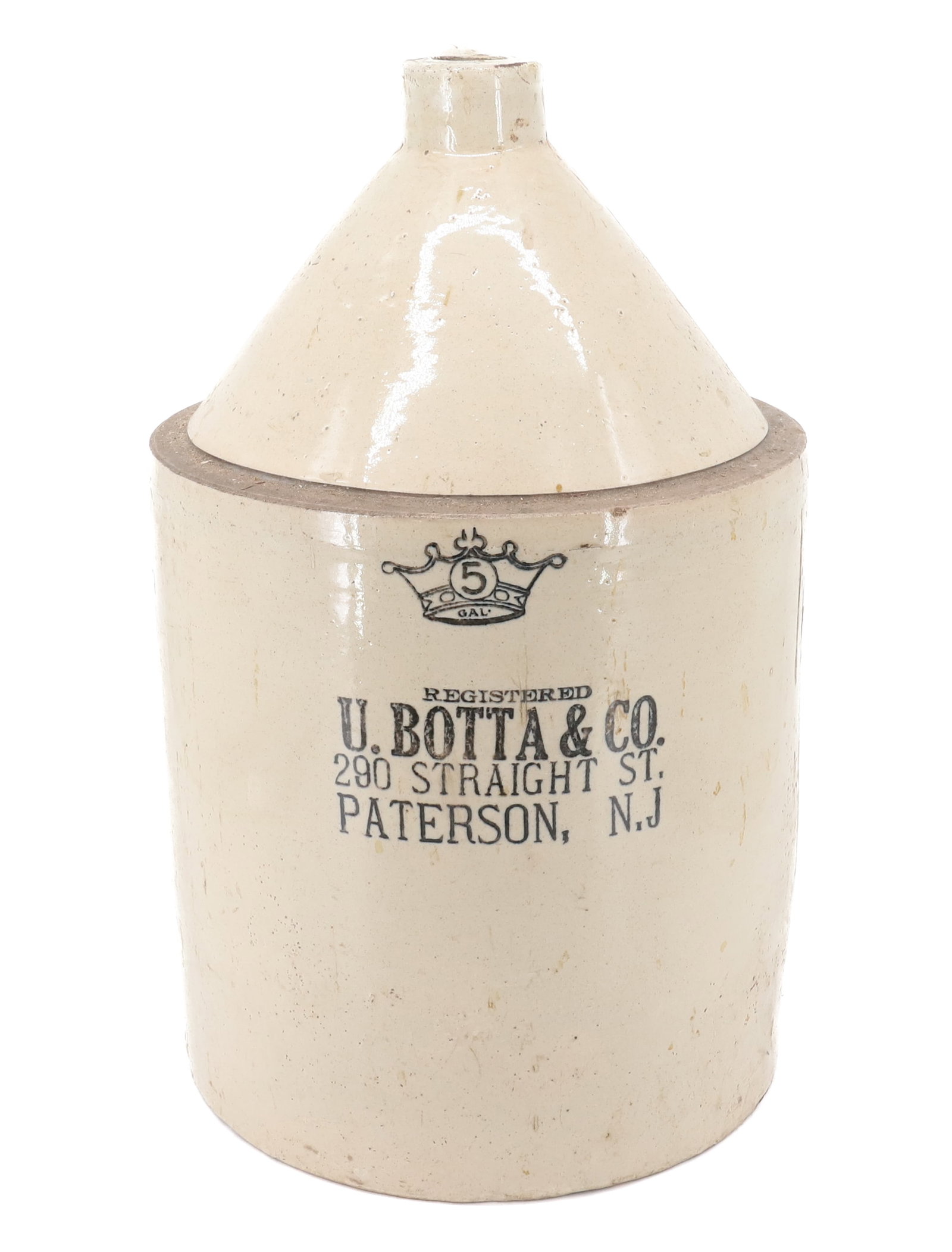 U. BOTTA & CO. STONEWARE ADVERTISING JUG: FIVE GALLON. 280 STRAIGHT ST., PATERSON, NJ. 19" H. PLEASE READ CAREFULLY - Terms for Purchasing and Shipping of Auction Items. Please read carefully before bidding. Hartzell’s Auction Gallery. 