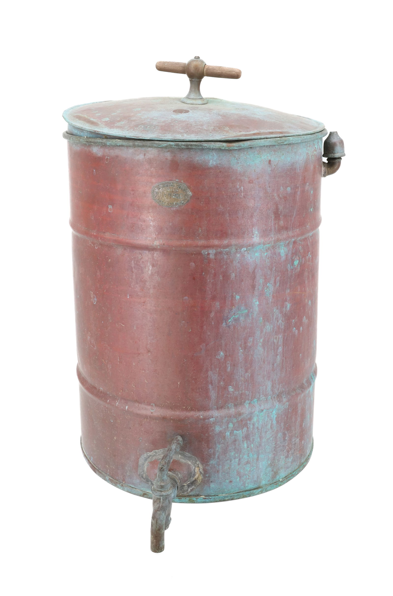 ANTIQUE COPPER DISPENSER: CYLINDRICAL DISPENSER WITH LID AND SIDE SPIGOT. MRKD. "QUINN BROS., PATERSON, NJ". 19" H. PLEASE READ CAREFULLY - Terms for Purchasing and Shipping of Auction Items. Please read carefully before biddi