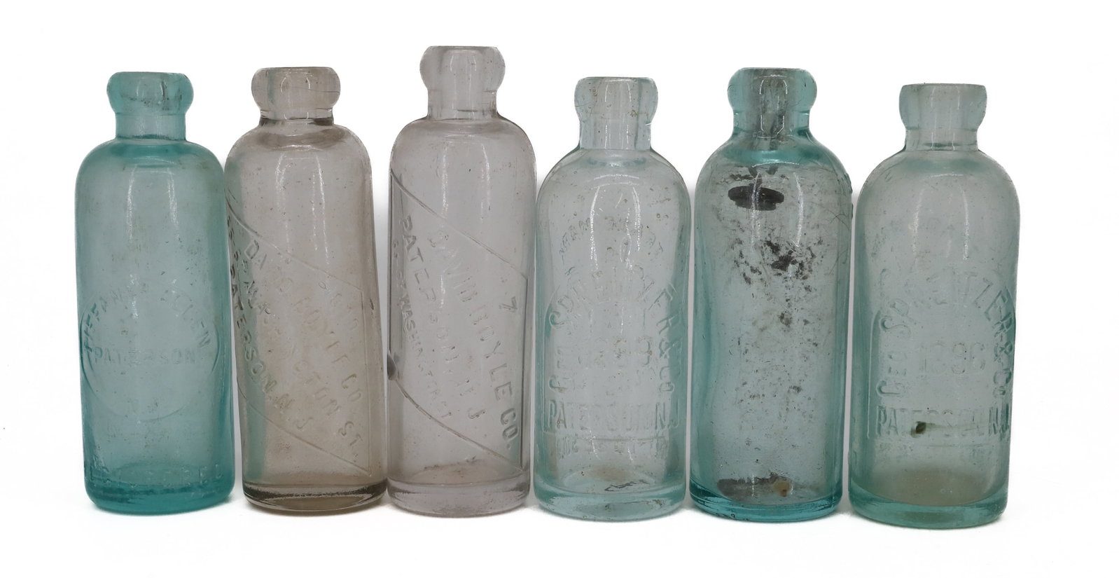 (6) ADVERTISING BOTTLES: INCLUDING: TIFFANY & ALLEN (PATERSON), (2) GEO. SPREITZER (1896, 1899), (2) DAVID BOYLE (CLEAR) AND WHALEN & FARRELL (WILKES BARRE). TALLEST 6 3/4" H. PLEASE READ CAREFULLY - Terms for Purchasing and 